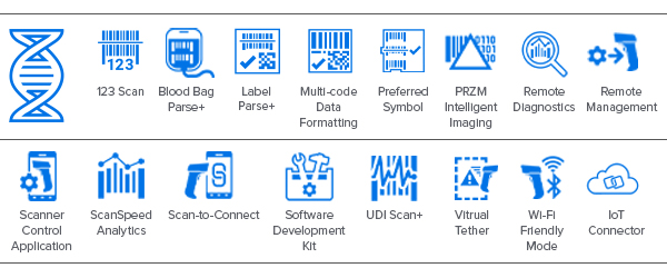 Íconos de ADN del escáner complementario Series CS60-HC: DataCapture DNA, 123Scan, Blood Bag Parse+, Label Parse+, Multi-Code Data Formatting, Preferred Symbol, PRZM Intelligent Imaging, Remote Diagnostics, Remote Management, Scanner Control Application, ScanSpeed Analytics, Scan-to-Connect, kit de desarrollo de software, UDI Scan+, Virtual Tether, modo de optimización de wifi y IoT Connector