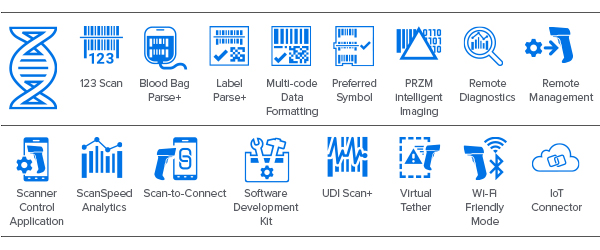 Íconos de ADN del escáner complementario Series CS60: DataCapture DNA, 123Scan, Blood Bag Parse+, Label Parse+, Multi-Code Data Formatting, Preferred Symbol, PRZM Intelligent Imaging, Remote Diagnostics, Remote Management, Scanner Control Application, ScanSpeed Analytics, Scan-to-Connect, kit de desarrollo de software, UDI Scan+, Virtual Tether, modo de optimización de wifi y IoT Connector