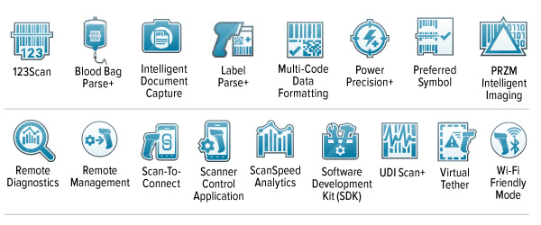 DS3600-KD超高耐久性スキャナMobility DNAのアイコン 123Scan、Blood Bag Parse+、インテリジェントドキュメントキャプチャ、Label Parse+、マルチコードデータフォーマッティング、Power Precision+、Preferred Symbol、PRZMインテリジェントイメージング、遠隔診断、リモート管理、Scan to Connect、スキャナ制御アプリケーション、ScanSpeed Analytics、SDK（ソフトウェア開発キット）、UDI Scan+、仮想テザー、Wi-Fiフレンドリーモード