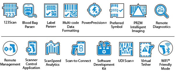 DS3600-HP 울트라 러기드 스캐너 DNA Mobility 아이콘:  123Scan, Blood Bag Parse+, Label Parse+, Multi-code Data Formatting, PowerPrecision+,  Preferred Symbol, PRZM Intelligent Imaging, Remote Diagnostics, Remote Management, Scanner Control Application, ScanSpeed Analytics, Scan-to-Connect, 소프트웨어 개발 키트, UDI Scan+, Virtual Tether, Wi-Fi 프랜들리 모드