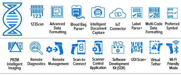 DS4600 Series for Electronics Manufacturing Mobility DNA Icons:  123Scan, Advanced Data Formatting, Blood Bag Parse+, Intelligent Document Capture, IoT Connector, Label Parse+, Multi-Code Data Formatting, Preferred Symbol, PRZM Intelligent Imaging, Remote Diagnostics, Remote Management, Scan-to-Connect, Scanner Control Application, Software Development Kit (SDK), UDI Scan+, Virtual Tether, Wi-Fi Friendly Mode