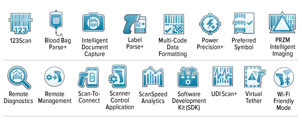 Print DNA, 123 Scan, Blood Bag Parse+, Intelligent Document Capture, Label Parse+, Multi-Code Data Formatting, PowerPrecision+ Battery, Preferred Symbol, PRZM Intelligent Imaging, Remote Diagnostics, Remote Management, Scan-To-Connect, Scanner Control Application, ScanSpeed Analytics, Software Development Kit (SDK), UDI Scan+, Virtual Tether, modo WiFi Friendly