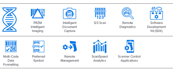 Ícone do DataCapture DNA, ícone da PRZM Intelligent Imaging, ícone da Intelligent Document Capture, ícone do 123Scan, ícone do Remote Diagnostics, ícone do kit de desenvolvimento de software (SDK) do scanner, ícone do Multi-Code Data Formatting, ícone do Preferred Symbol, ícone do Remote Management, ícone da ScanSpeed Analytics, ícone do Scanner Control Application