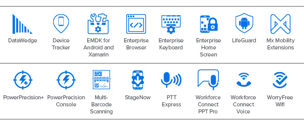 Icônes de Mobility DNA pour les EC50/EC55 : DataWedge, Device Tracker, EMDK for Android et Xamarin, Enterprise Browser, Enterprise Keyboard, Enterprise Home Screen, LifeGuard, Mx Mobility Extensions, PowerPrecision, PowerPrecision Console, Multi-Barcode Scanning, StageNow, PTT Express, Workforce Connect PTT Pro, Workforce Connect Voice, WorryFree WiFi