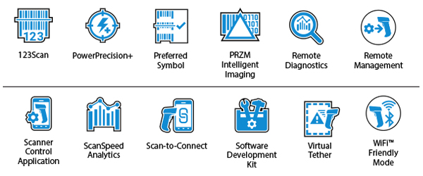 Ícones do DNA Mobility no scanner ultrarresistente LI3600-ER: 123Scan, PowerPrecision+, Preferred Symbol, PRZM Intelligent Imaging, Remote Diagnostics, Remote Management, Scanner Control Applications, ScanSpeed Analytics, Scan-to-Connect, Software Development Kit, Virtual Tether, Wi-FI Friendly Mode