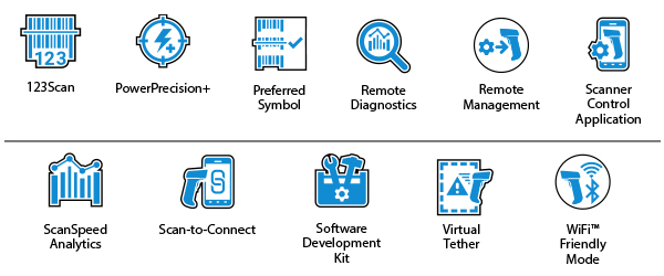 Ícones do DataCapture DNA do scanners ultrarresistente LI3600-SR: 123Scan, PowerPrecision+, Preferred Symbol, Remote Diagnostics, Remote Management, Scanner Control Application, ScanSpeed Analytics, Scan-to-Connect, Software Development Kit, Virtual Tether, Wi-Fi Friendly Mode