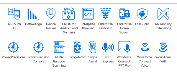 ícones de mobility dna do MC3300x; all-touch te, datawedge, device tracker, emdk para android e xamarin, navegador empresarial, teclado empresarial, tela inicial empresarial, lifeguard, extensões de mx mobility, powerprecision+, console do powerprecision, escaneamento de vários códigos de barras, stagenow, swipe assist, ptt express, workforce connect ptt pro, workforce connect voice, worryfree wifi