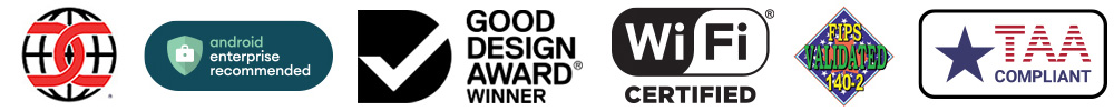 MC9300 핸드헬드 모바일 컴퓨터 소프트웨어 호환성 아이콘: 공동 기준, Android Enterprise Recommended 아이콘, Good Design Award 수상자 아이콘, WiFi Certified 아이콘, FIPS Validated 아이콘, TAA Compliant 아이콘