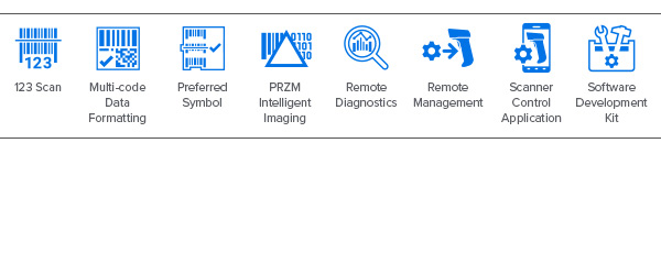 Ícones do DNA Mobility da balança do scanner MP7000: 123Scan, Multi-Code Data Formatting, Preferred Symbol, PRZM Intelligent Imaging, Remote Diagnostics, Remote Management, Scanner Control Application, Software Development Kit (SDK)