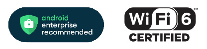 Imagem de ícones de compatibilidade dos computadores móveis TC22/TC27: Android Enterprise Recommended, WiFi 6 Certified