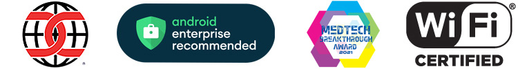 Compatible Icons: Common Criteria, Android Enterprise Recommended, MedTech Breakthrough Award 2021, WiFi Certified logo