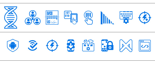 Ícones do software Mobility DNA: All-Touch Terminal Emulation, SWIPE Assist, Enterprise Keyboard, Simulscan, DataWedge, PowerPrecision, SimulScan, Enterprise Home Screen, StageNow, WorryFree WiFi, PowerPrecision Console, Lifeguard para Android, Enterprise Mobility Development Tool Kit, Mobility Extensions (MX), Enterprise Browser