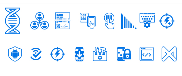 Íconos del Software de Mobility DNA: Ícono de All-Touch Terminal Emulation, ícono de SWIPE Assist, ícono de Enterprise Keyboard, ícono de Simulscan, ícono de DataWedge, ícono de PowerPrecision, ícono de SimulScan, ícono de Enterprise Home Screen, ícono de StageNow, ícono de WorryFree WiFi, ícono de PowerPrecision Console, ícono de Lifeguard for Android, ícono de Enterprise Mobility Development Tool Kit, ícono de Mobility Extensions (MX), ícono de Enterprise Browser