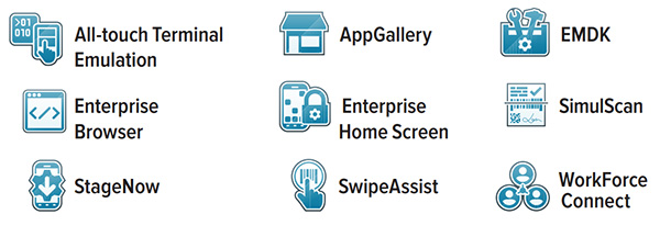 All-Touch Terminal Emulation Icon, AppGallery Icon, EMDK Icon, Enterprise Browser Icon, Enterprise Home Screen Icon, Simulscan Icon, StageNow Icon, Swipe Assist Icon, Workforce Connect Icon