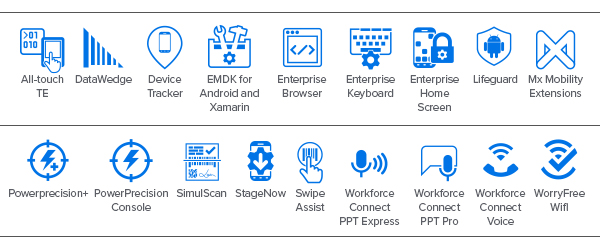 Mobility DNA 아이콘: 올터치 TE, DataWedge, Device Tracker, EMDK for Android/Xamarin, 엔터프라이즈 브라우저, 엔터프라이즈 키보드, Enterprise Home Screen, LifeGuard, Mx Mobility Extensions, PowerPrecision+, PowerPrecision Console, SimulScan, StageNow, Swipe Assist, Workforce Connect PTT Express, Workforce Connect PTT Pro, Workforce Connect Voice, WorryFree WiFi