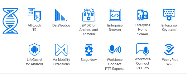 Íconos de Mobility DNA del terminal para montaje vehicular VC8300 de 10 in: All-Touch TE, DataWedge, EMDK para Android y Xamarin, Enterprise Browser, Enterprise Home Screen, Enterprise Keyboard, LifeGuard for Android, Mx Mobility Extensions, StageNow, Workforce Connect PTT Express, Workforce Connect PTT Pro, WorryFree Wi-Fi