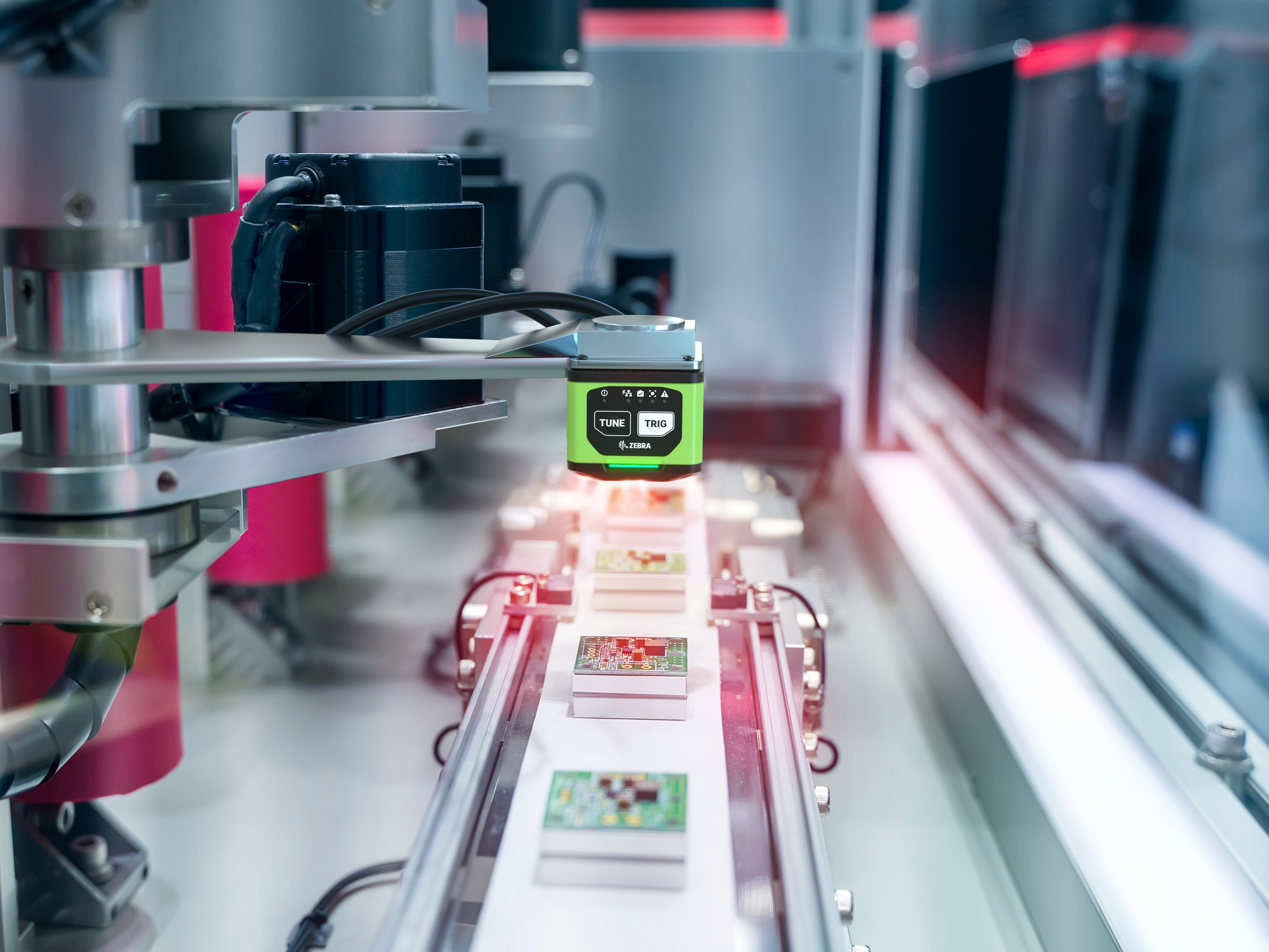 Zebra machine vision system and fixed industrial scanner scans and inspects a production line