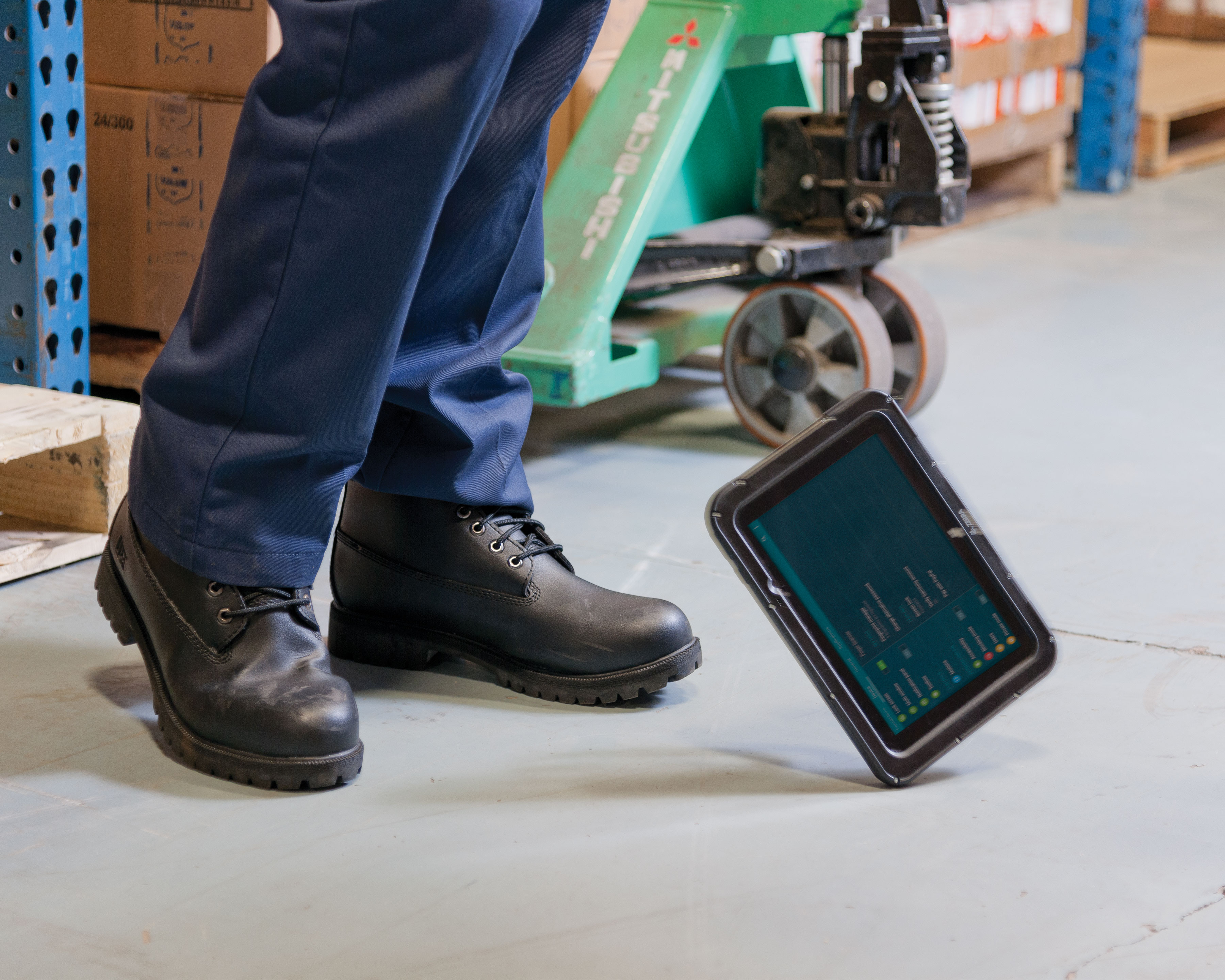 Zebra ET5x tablet computer hits the floor in a warehouse intact and unbroken