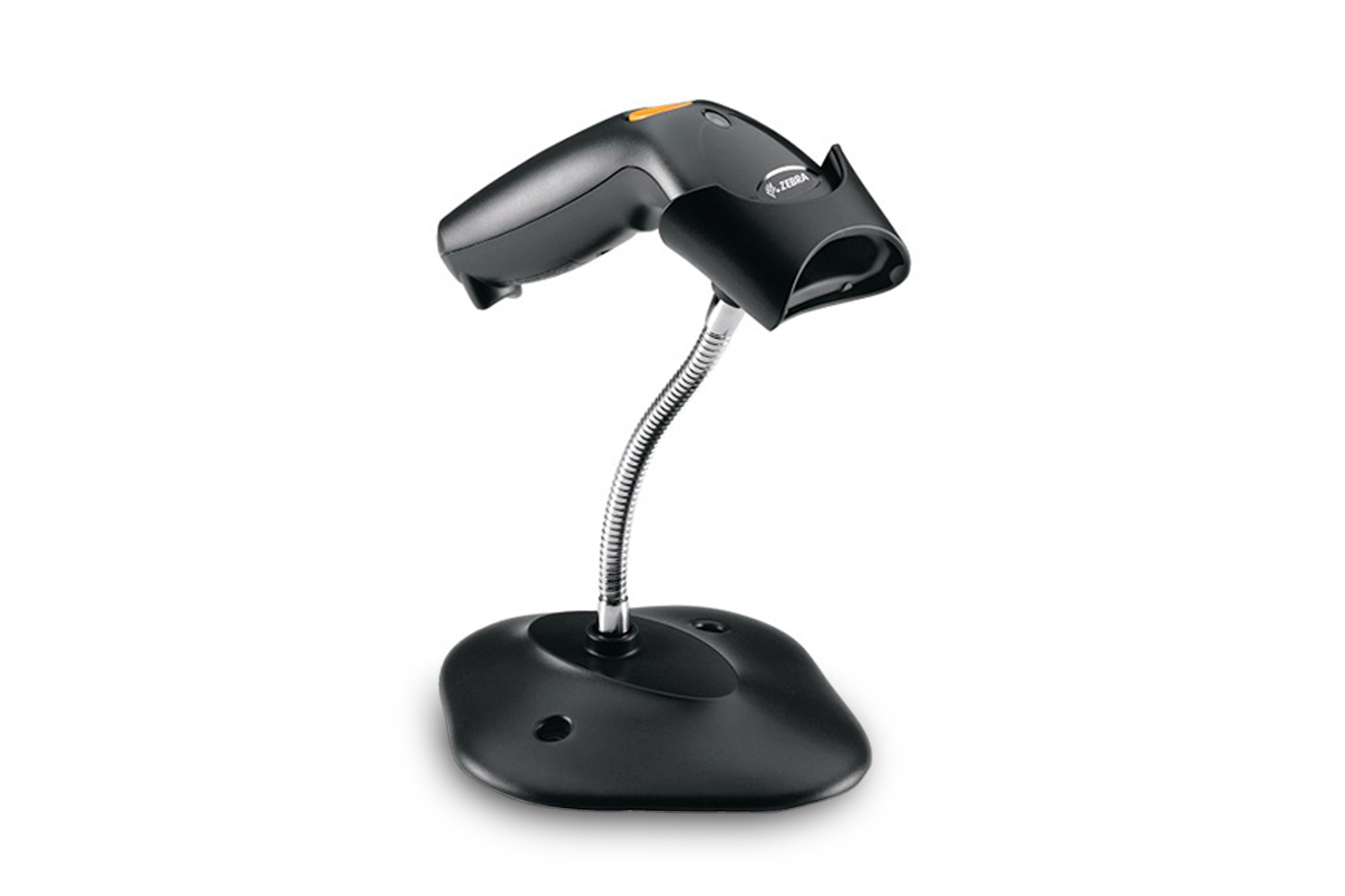 Zebra LS1203 Series barcode scanner resting on adjustable gooseneck stand, cordless, black, right facing 