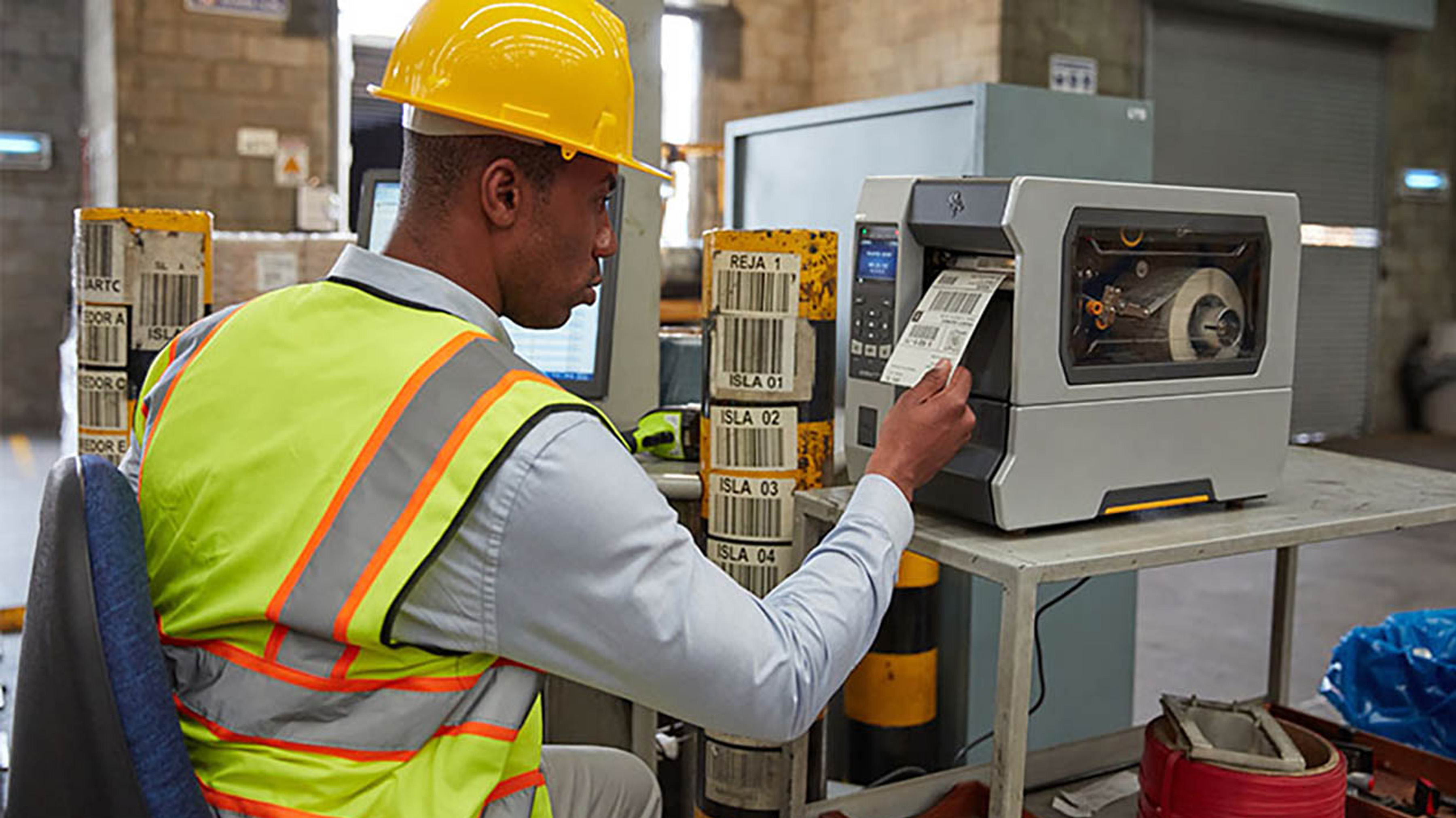 An employee printing a label using a Zebra industrial printer.