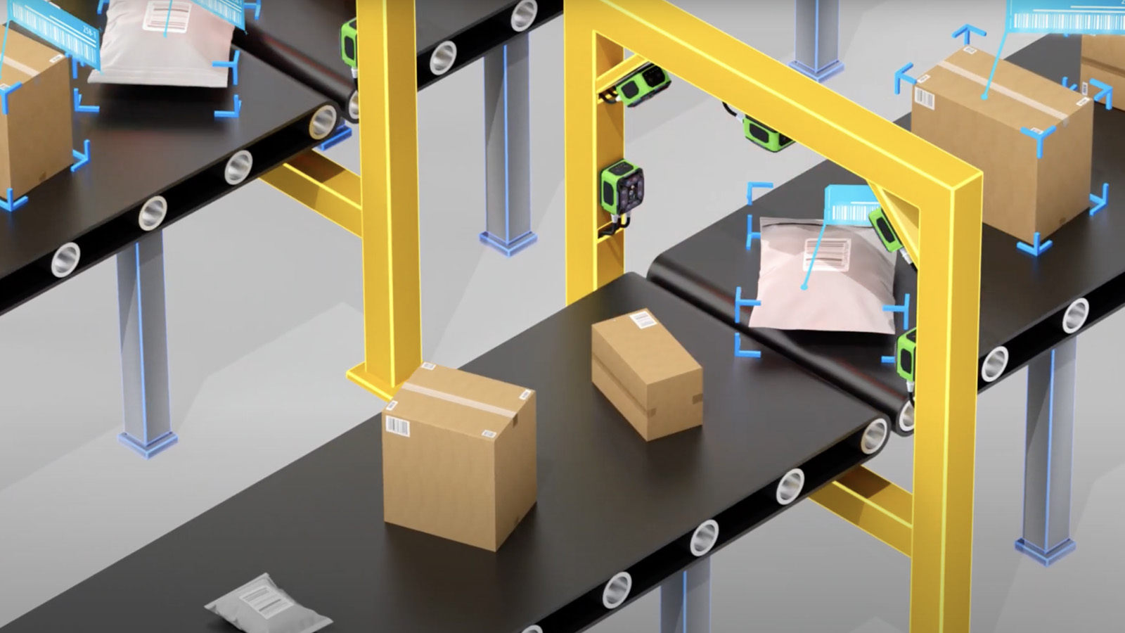 Conveyor system with boxes and packages being scanned using a scan tunnel.