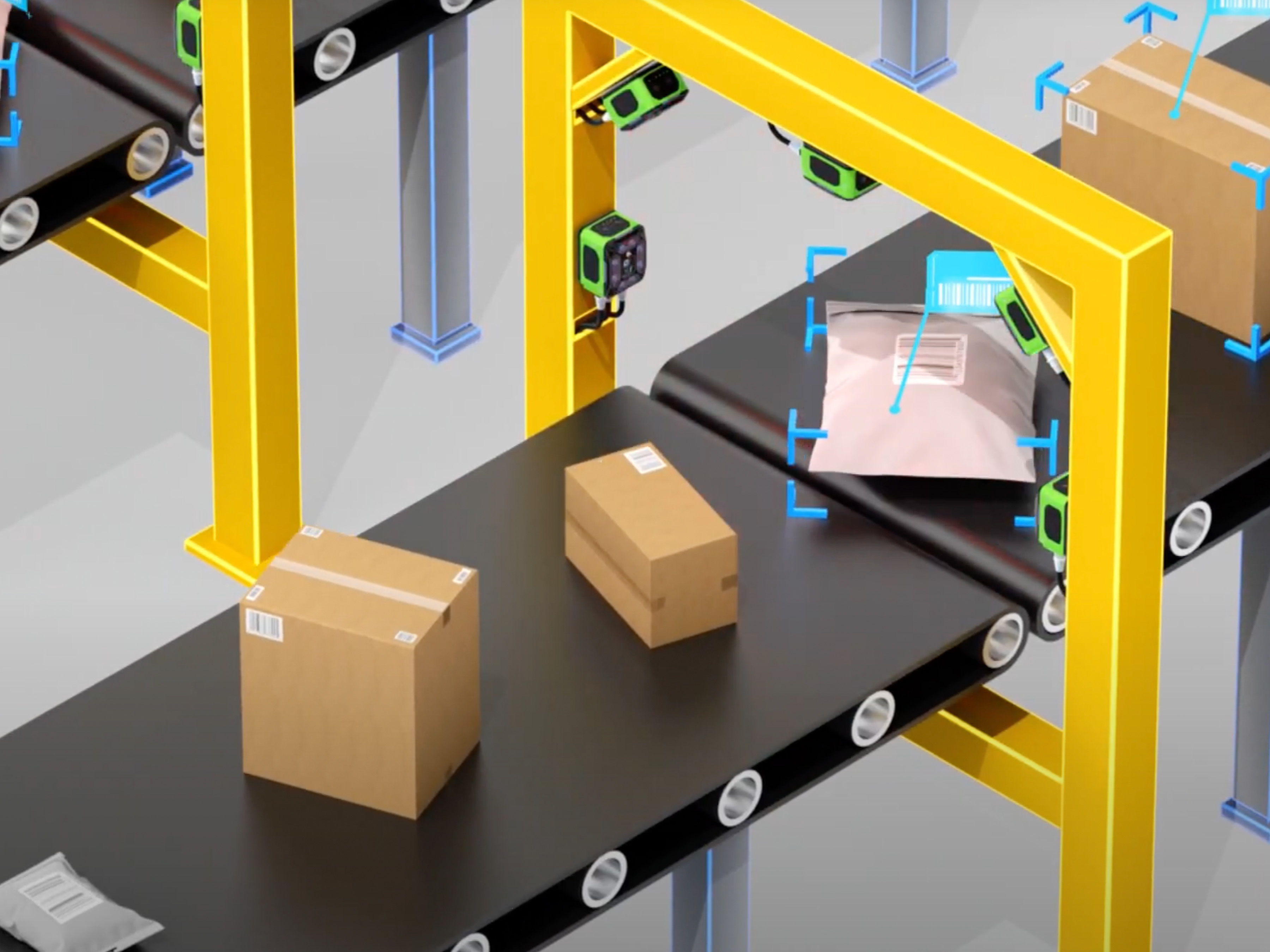 A conveyor system where boxes and packages are scanned as they pass through a scan tunnel.