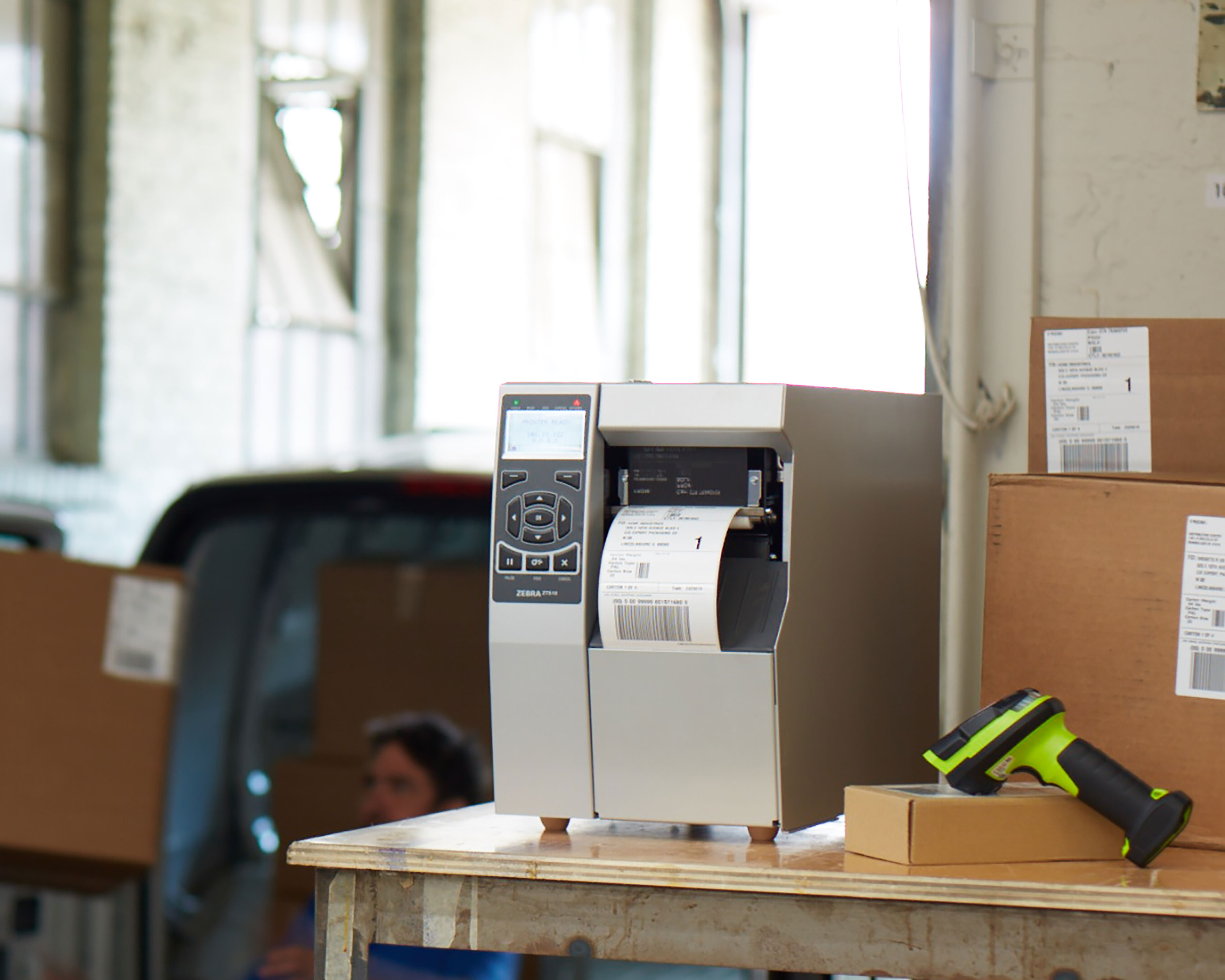 ZT510 on a desk in a warehouse