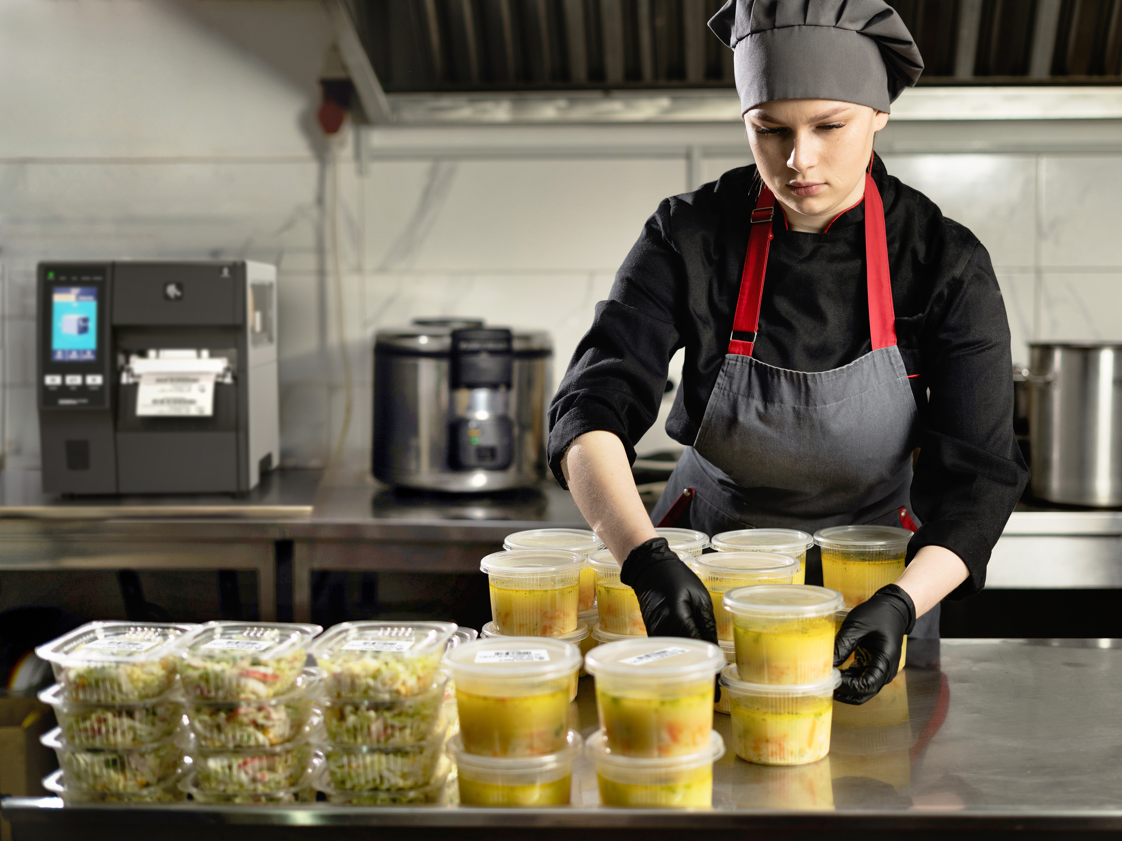 A food service worker seals the containers of prepared food items.