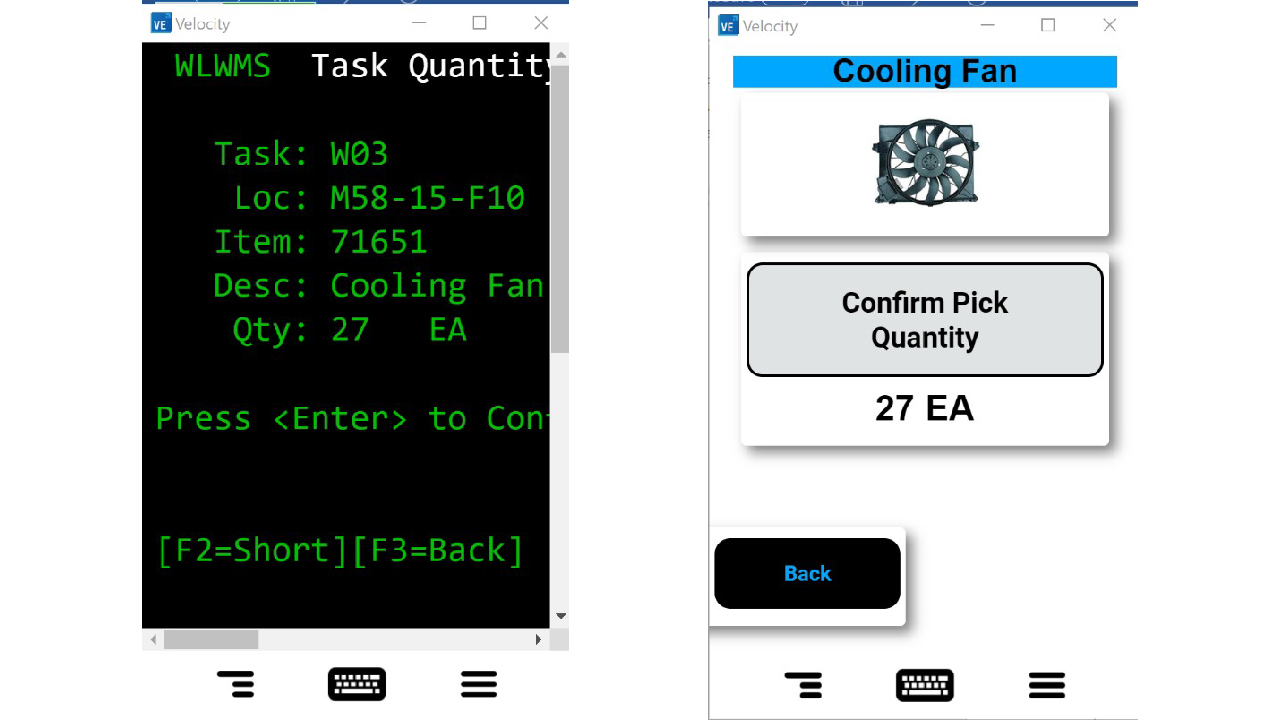 A side-by-side shot of a traditional WMS screen and a modern WMS screen